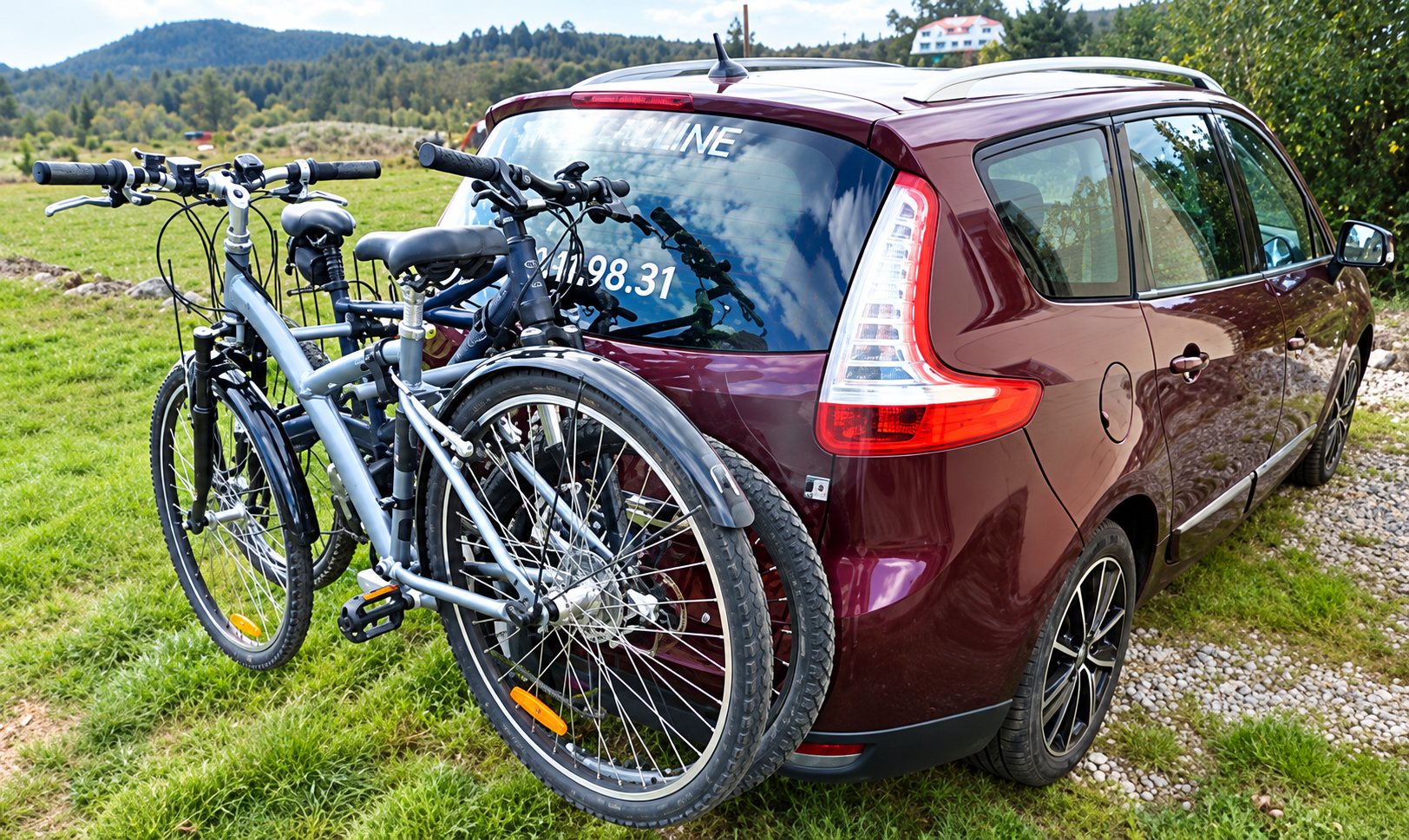 Un monospace bordeaux garé sur l'herbe transporte deux vélos installés sur un porte-vélos fixé à l'arrière.