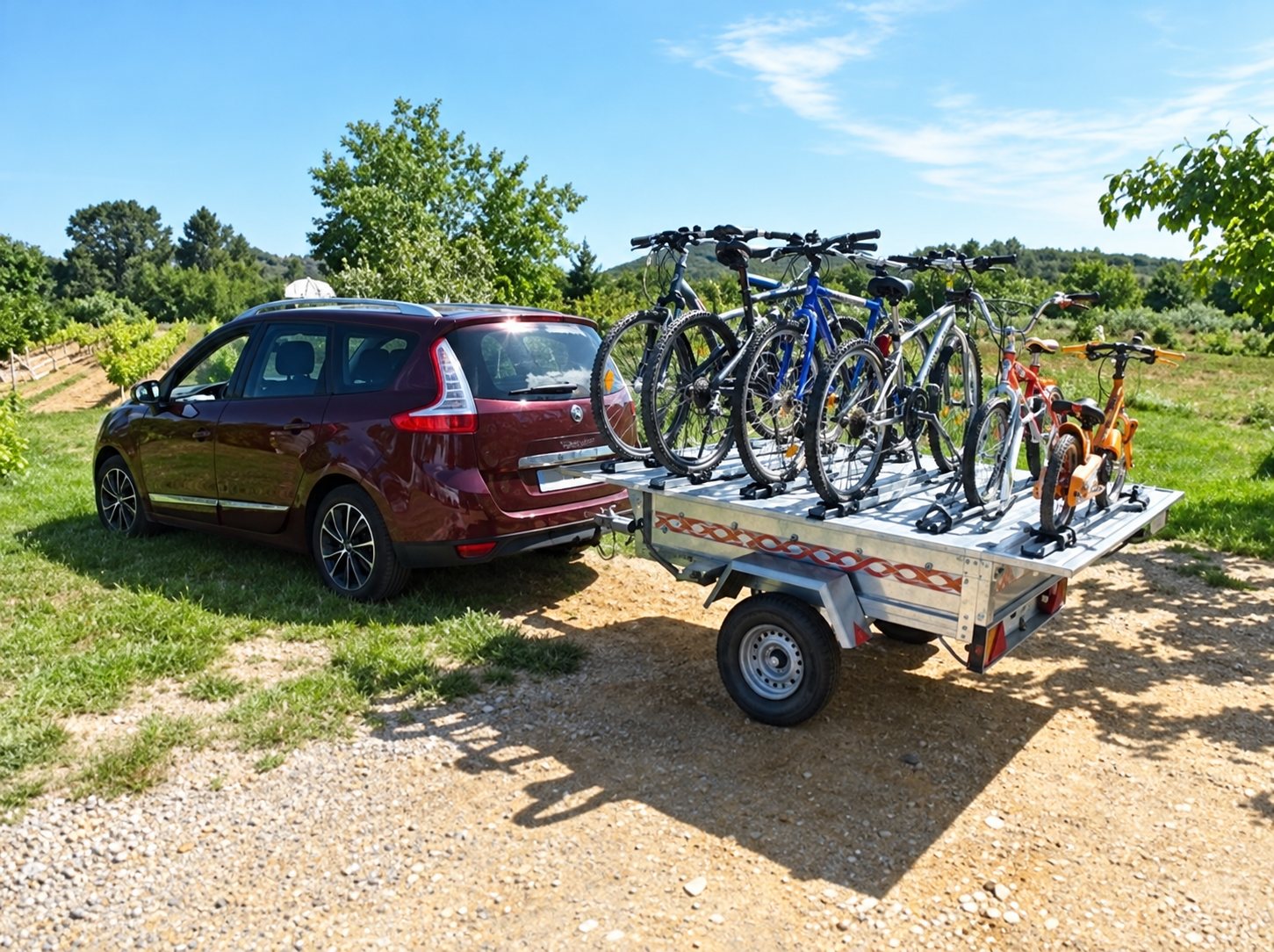 Un monospace rouge stationné sur un chemin de terre tire une remorque équipée de supports sur laquelle plusieurs vélos sont chargés, au milieu de la végétation.