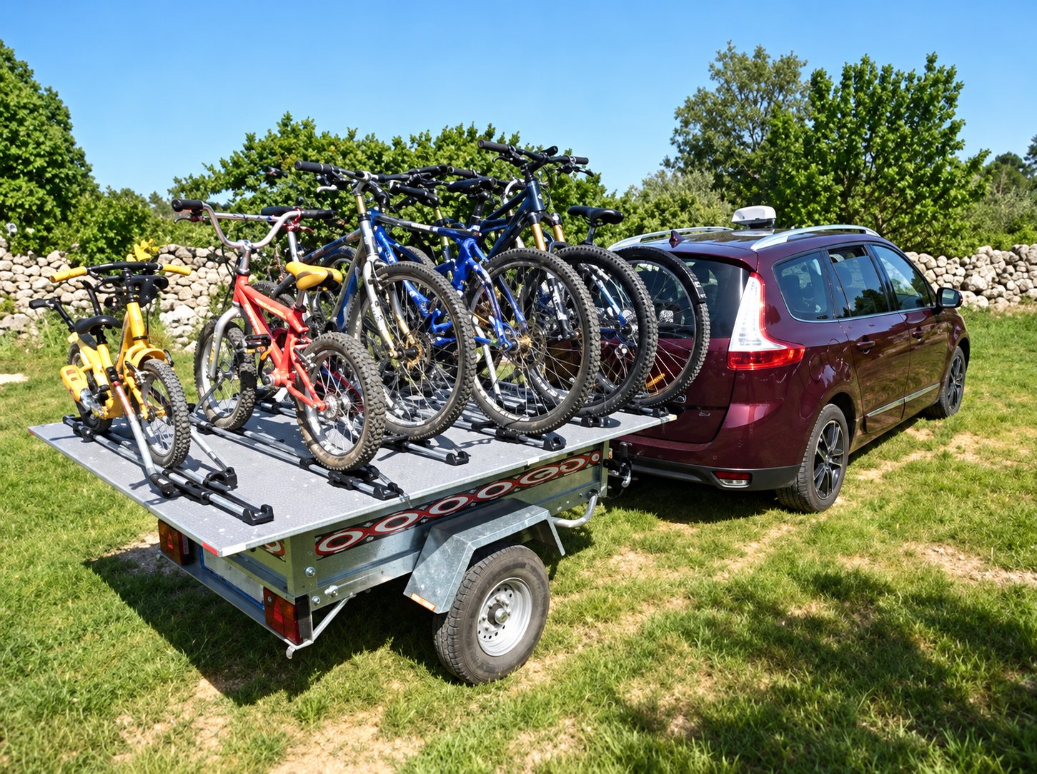 Une remorque grise chargée de plusieurs vélos de couleurs différentes est attelée à une voiture bordeaux garée sur l'herbe, devant un muret de pierres et des arbres.
