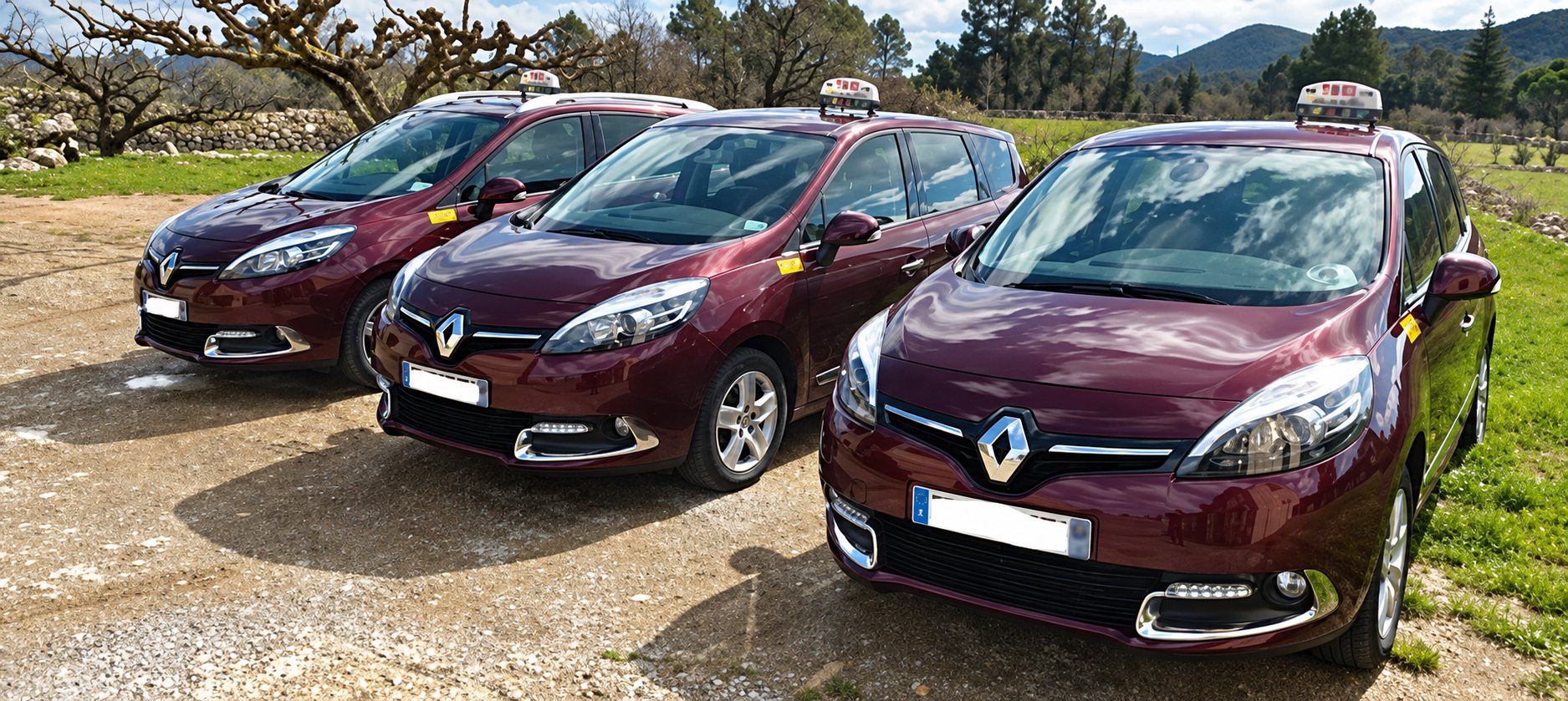 Trois taxis Renault bordeaux garés sur un chemin de terre