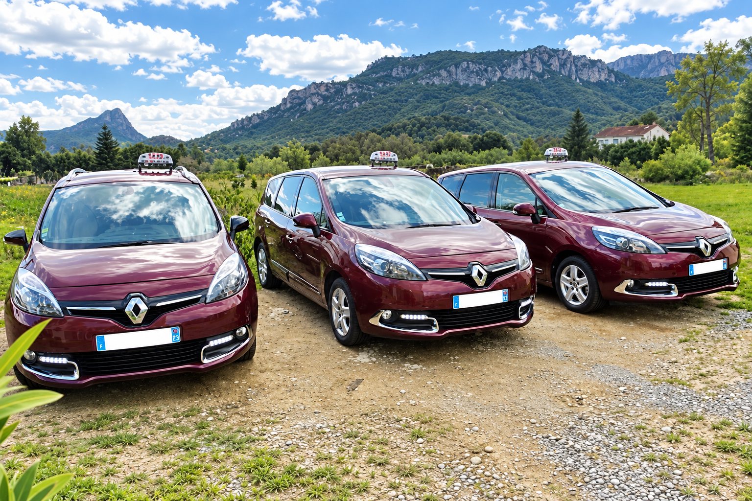 Trois taxis Renault bordeaux garés côte à côte dans la nature